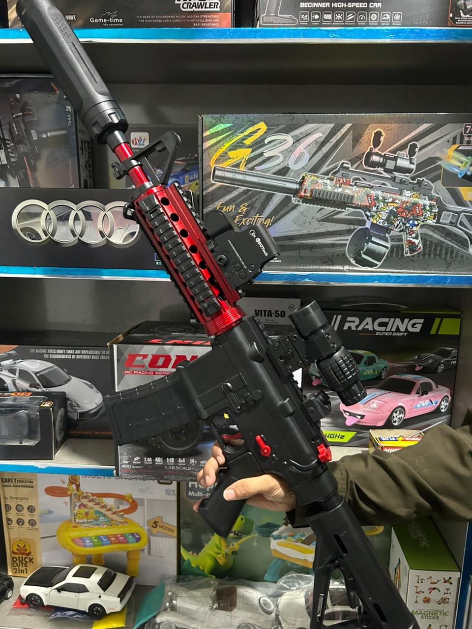 1:1 Electric M416 Gel Blaster Rifle With Light Smoke Silencer (Red Colour)