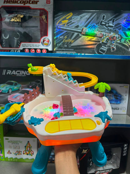 Dinosaur Slide Park Toy – Musical Track Playset with LED Lights & Floating Fish Pool